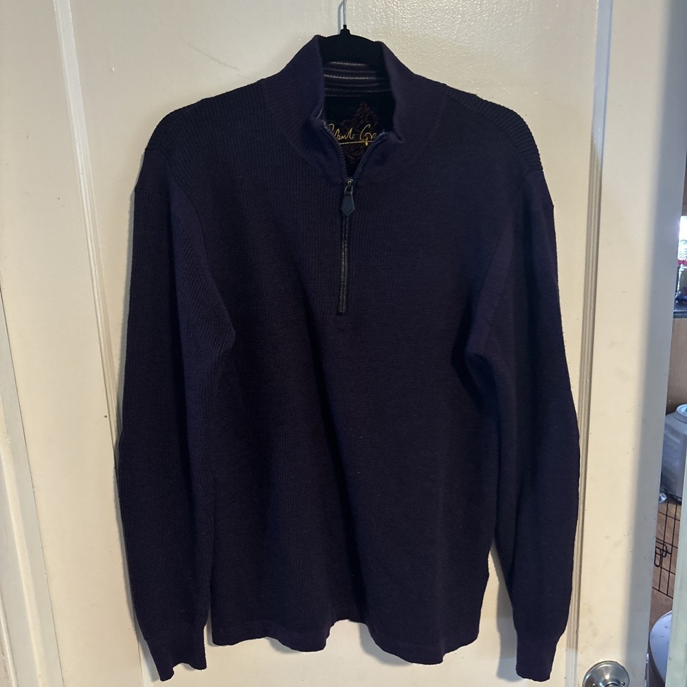 Robert Graham Men's 1/4 Zip Sweater Eggplant 100% Wool Elbow Pullover Size Large